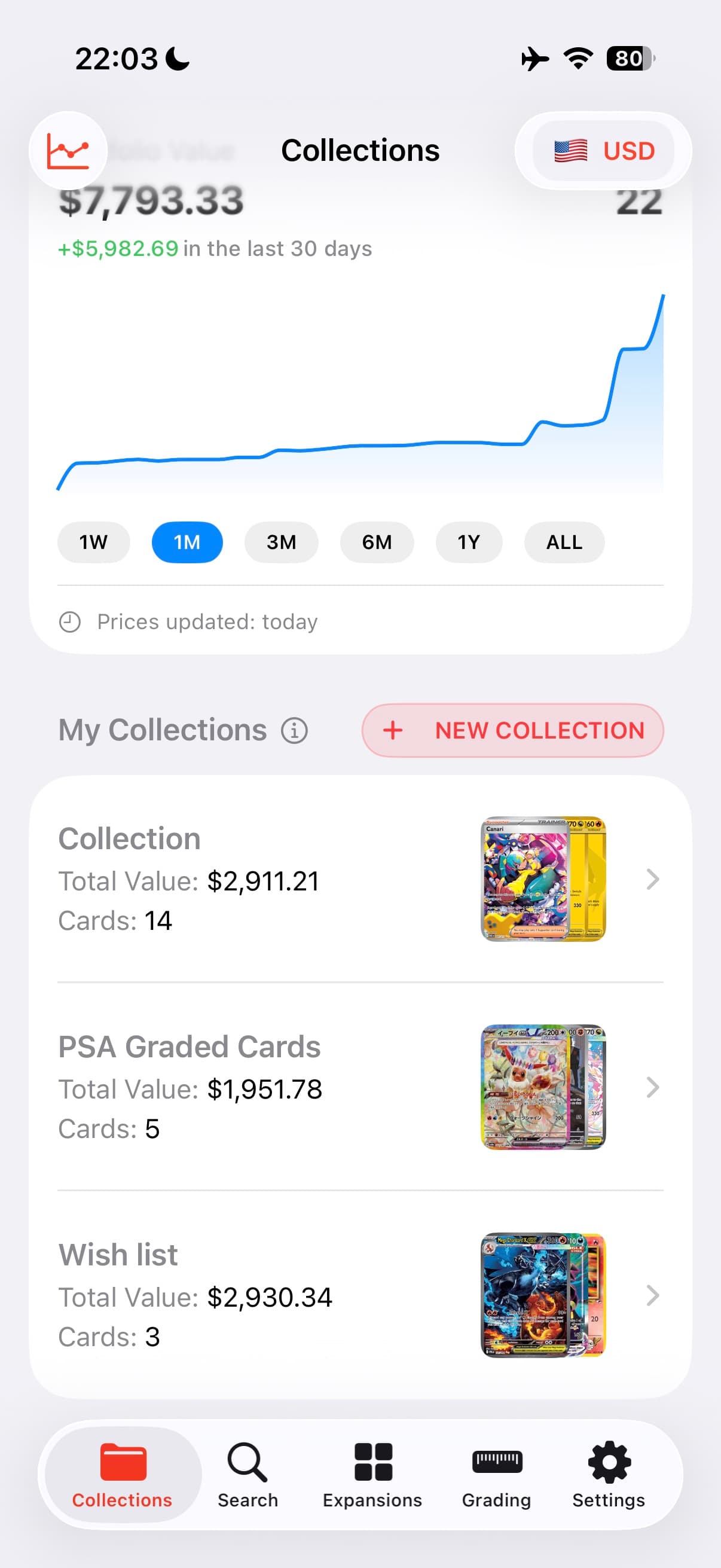 Collections overview in the Pokemon Card Scanner iOS app, showing a $7,793.33 portfolio up $5,982.69 in the last 30 days with a live value chart and three Pokemon collections