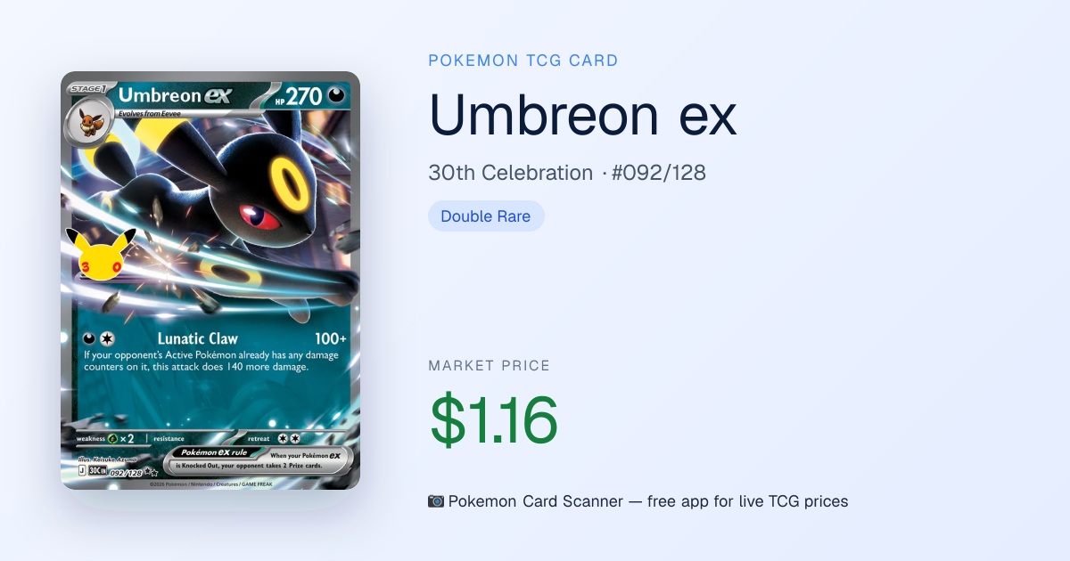 Umbreon ex #092/128 · 30th Celebration · Pokemon Card Scanner